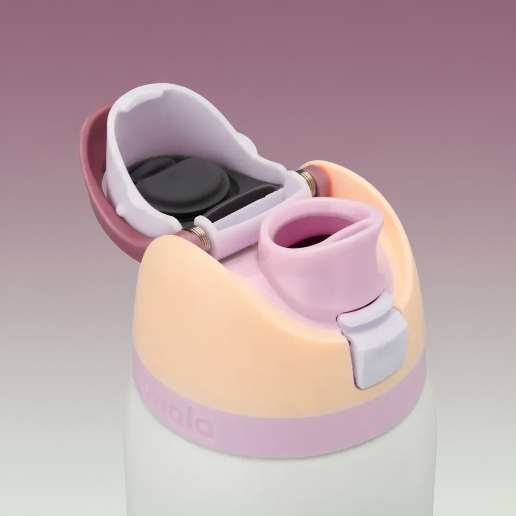 Children's water bottle with pink and beige design on a white background