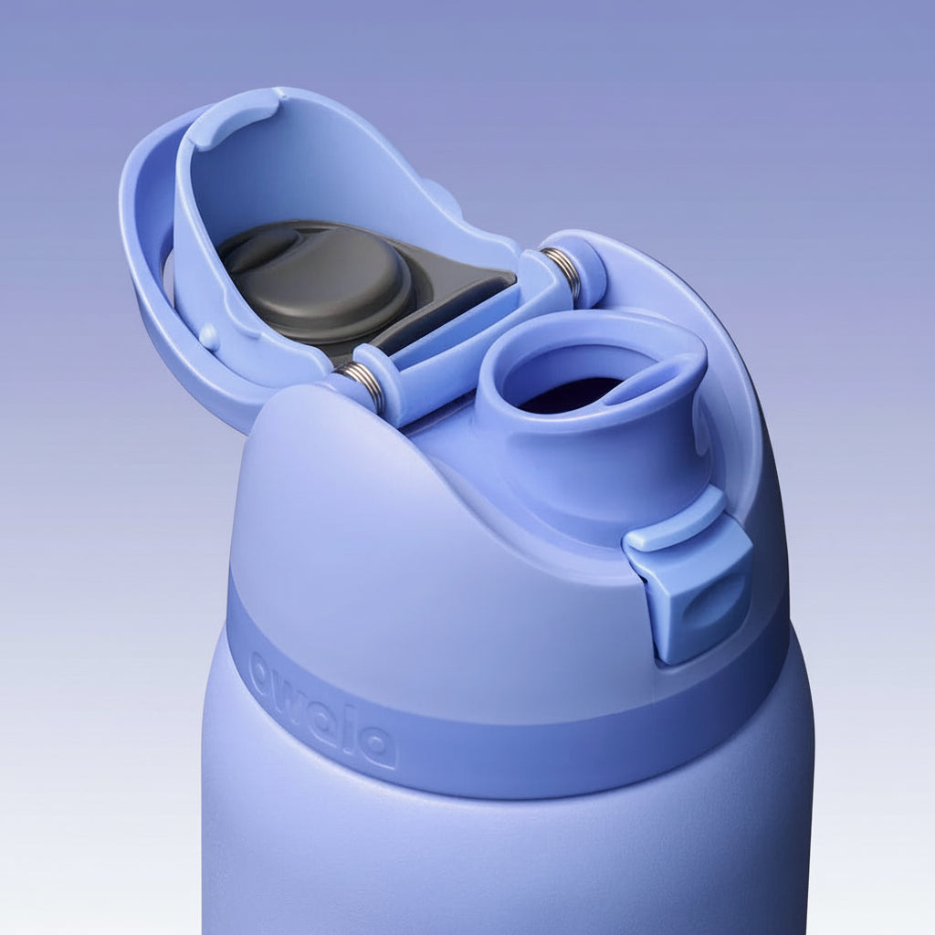 Blue water bottle with a lid on a white background