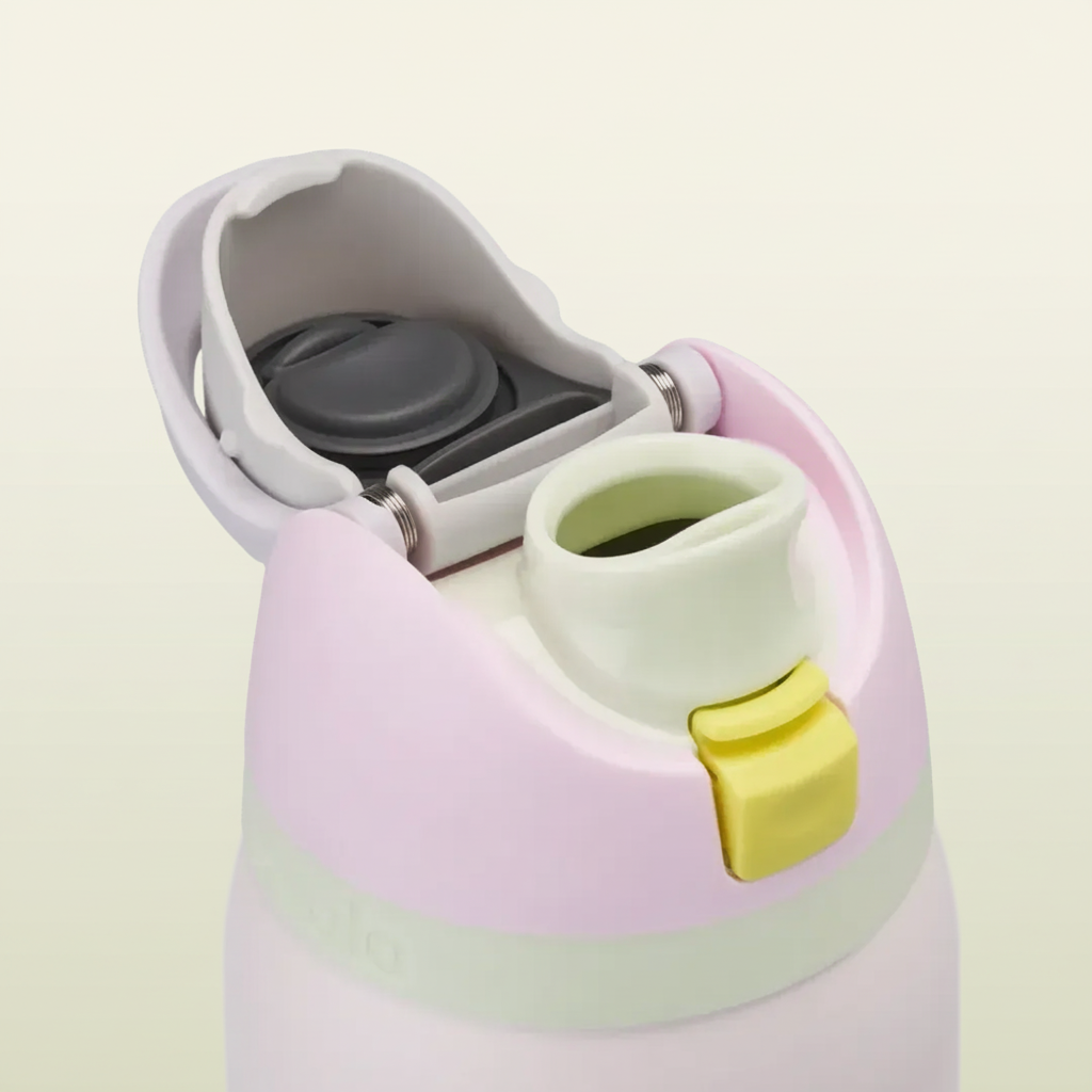 Children's water bottle with pink and green design on a white background