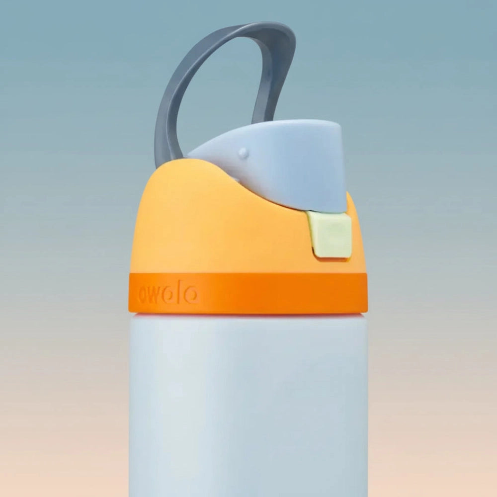 Colorful water bottle with a blue and orange lid on a white background