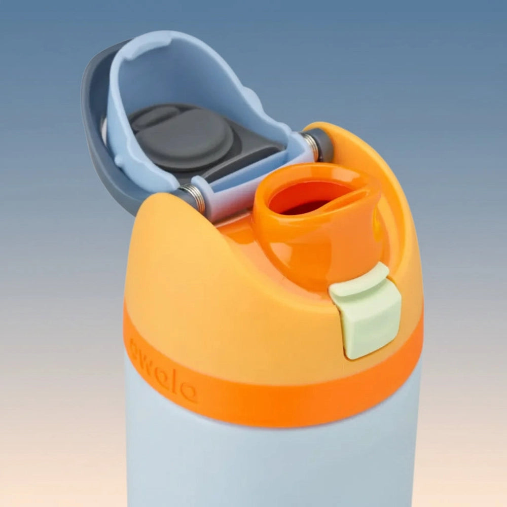 Children's water bottle with orange lid and gray base on a white background