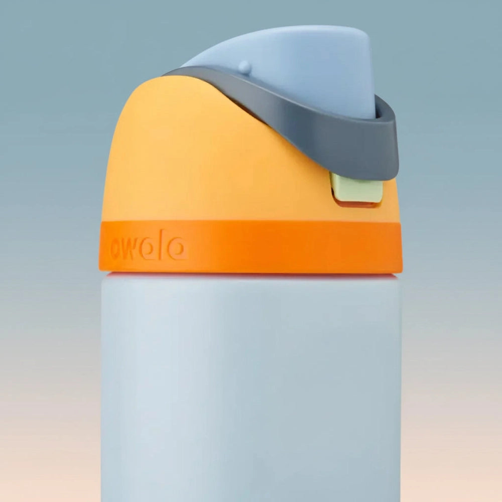 Multicolored water bottle with orange lid on a white background