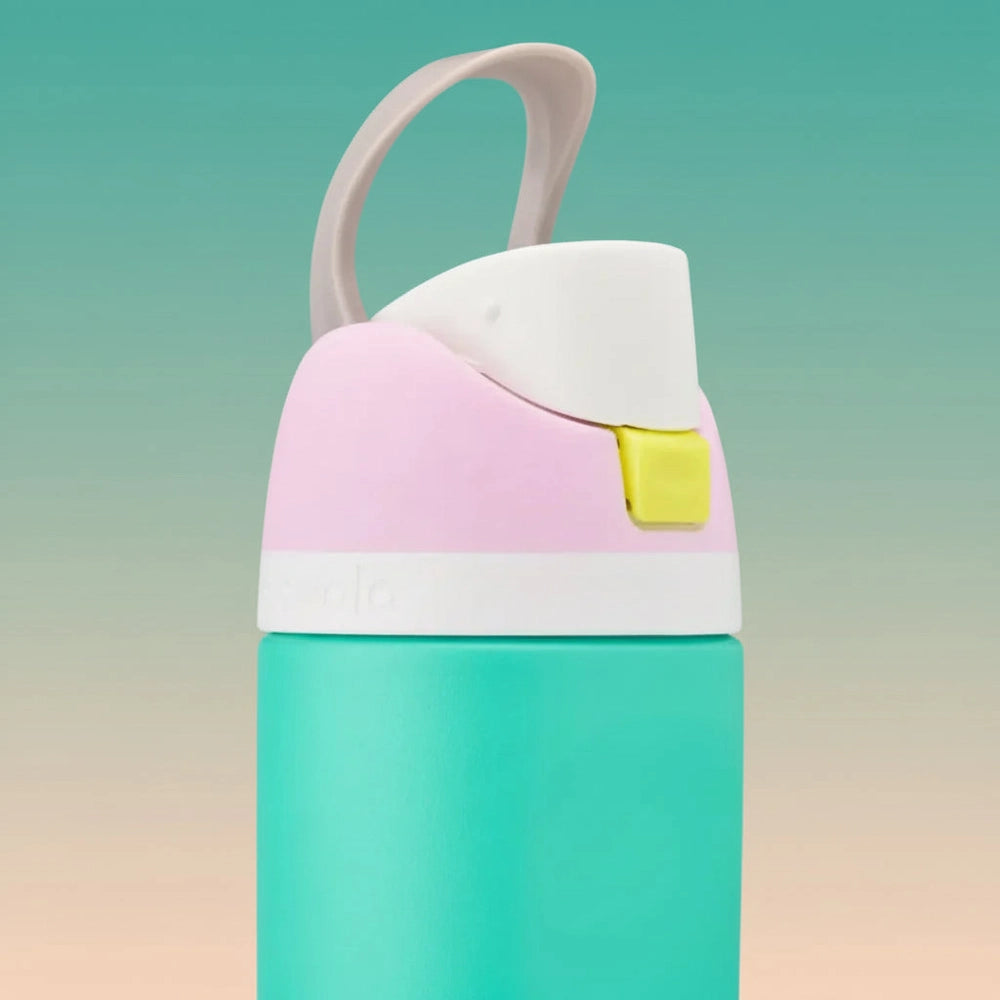 Colorful water bottle with a pink cap and green body on a white background