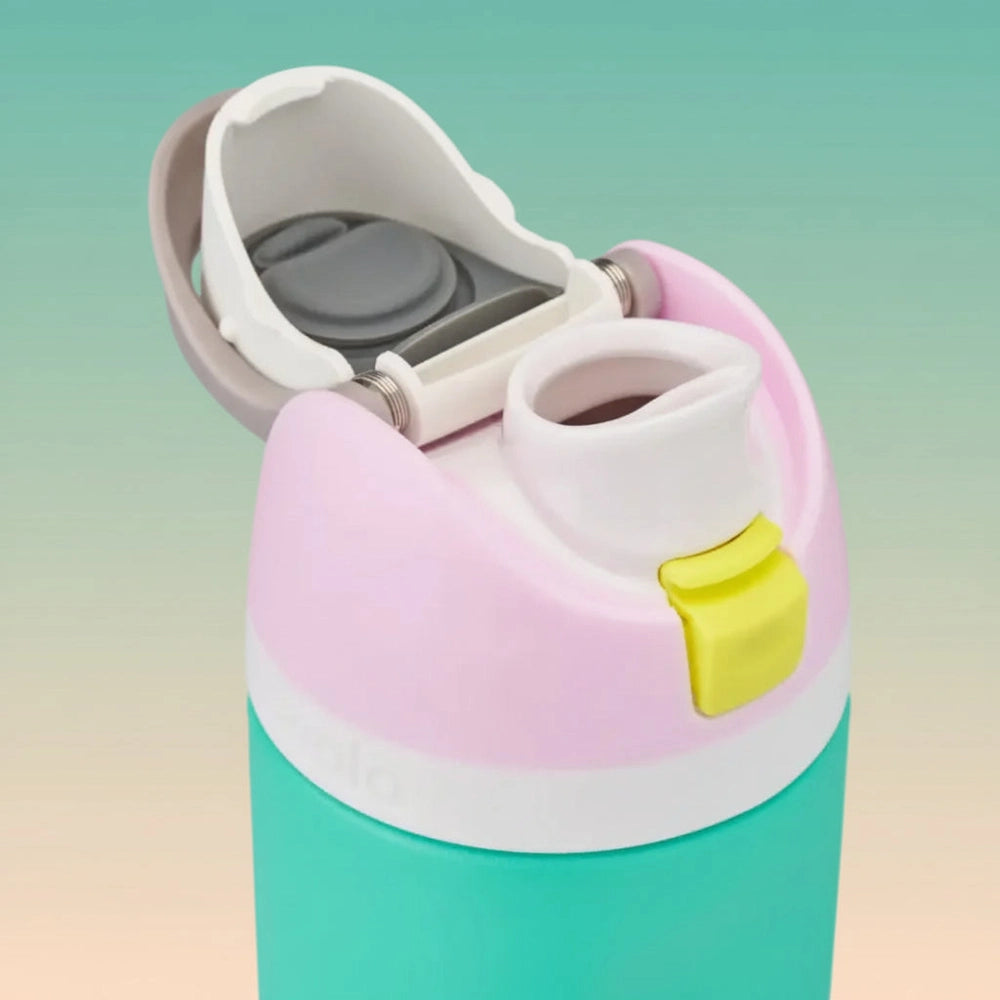 Colorful water bottle with a pink cap on a white background