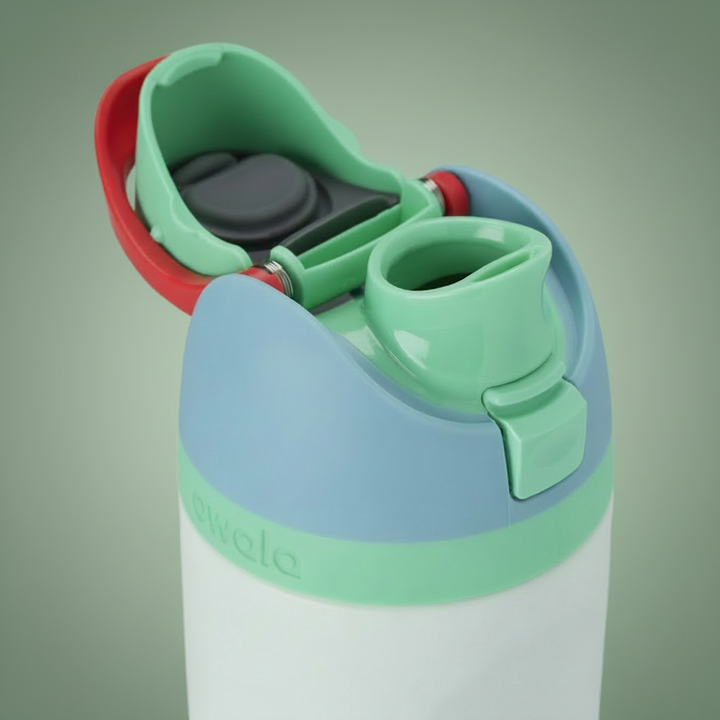 Children's water bottle with a red straw lid on a white background