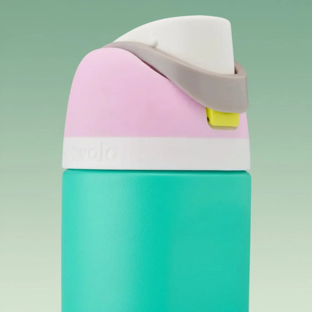 Multicolored water bottle with a white lid on a white background