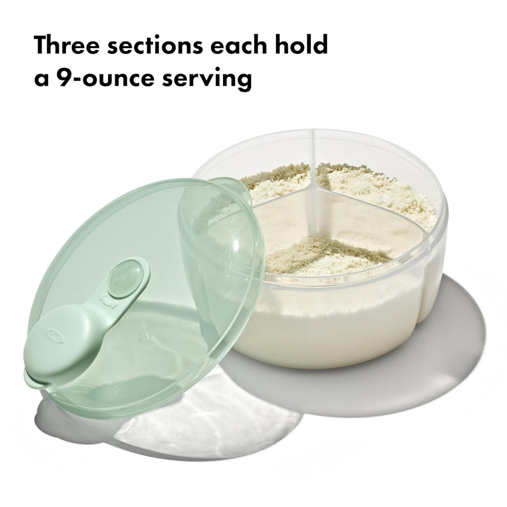 OXO Tot Formula Dispense Opal three-section powder container with mint-green lid for baby feeding