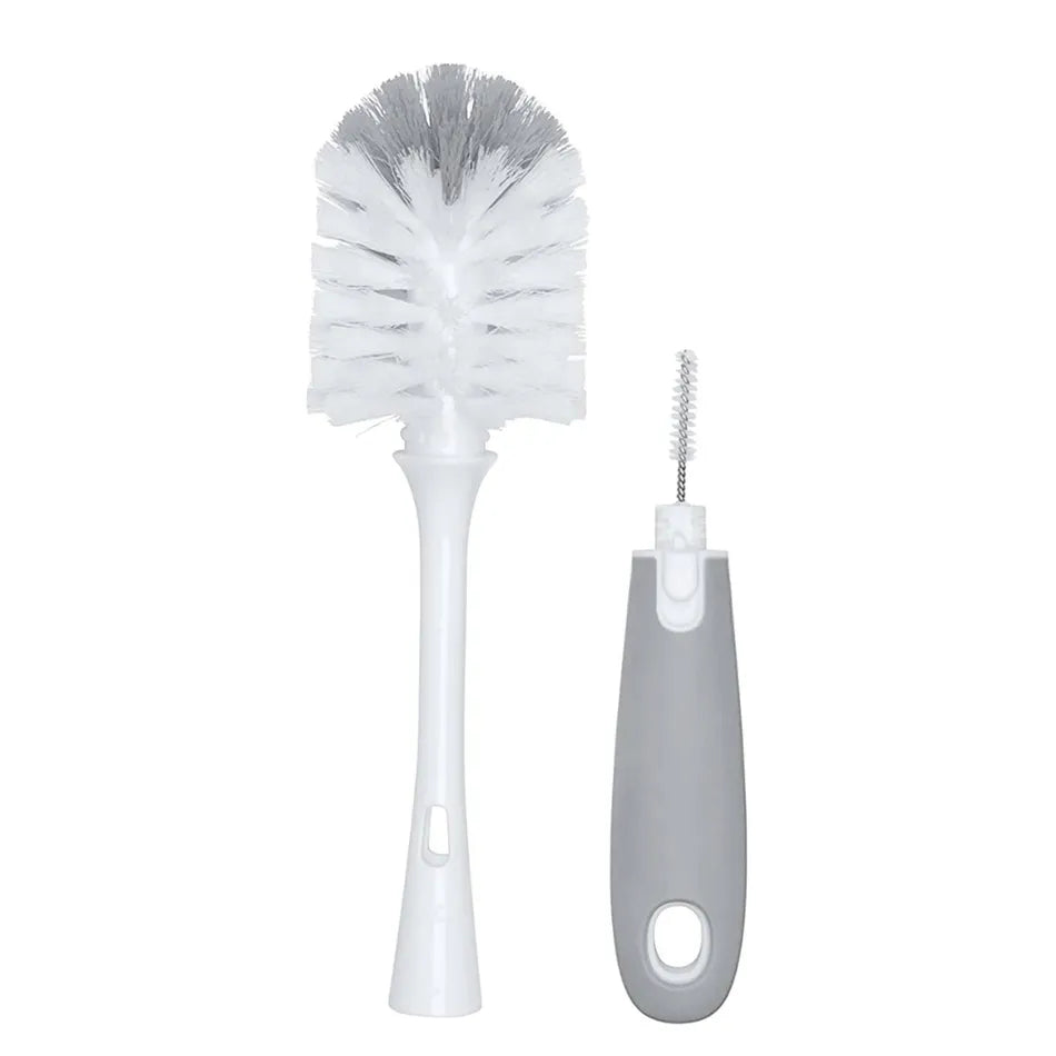 OXO Tot soap-dispensing bottle brush with stand; white brush head, gray handle