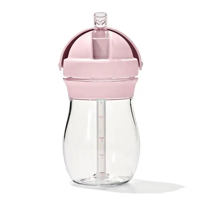 OXO Tot Transitions 9 oz straw cup with pink lid and clear body