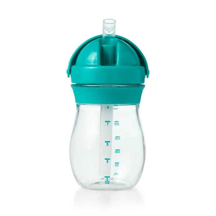 OXO Tot Transitions 9 oz straw cup in teal with spill-proof lid