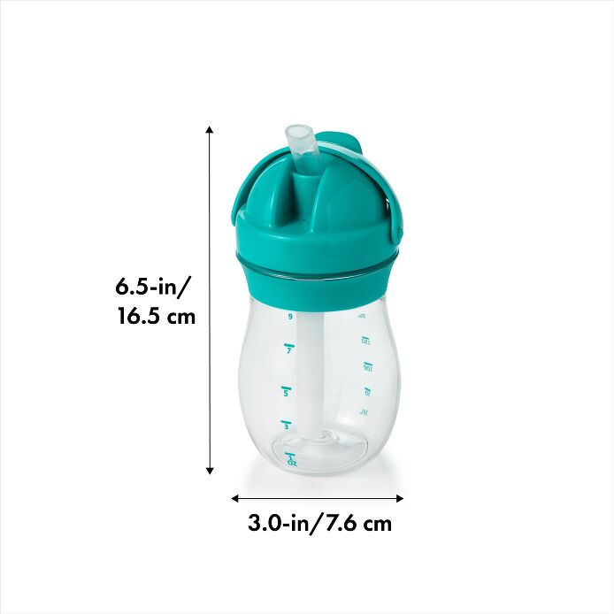 OXO Tot Transitions Straw Cup 9 oz, teal lid and straw with clear bottle and measurement marks