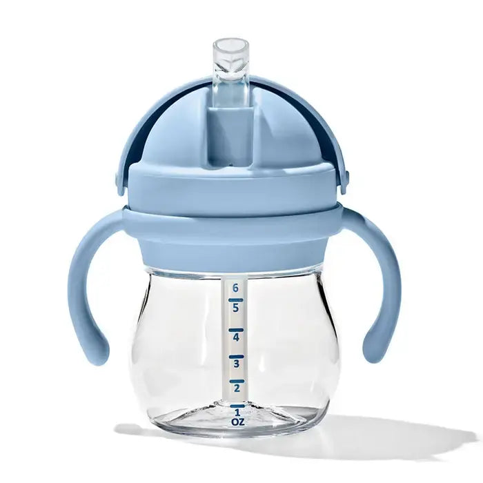 OXO Tot Transitions 6 oz straw cup with removable blue handles and clear body