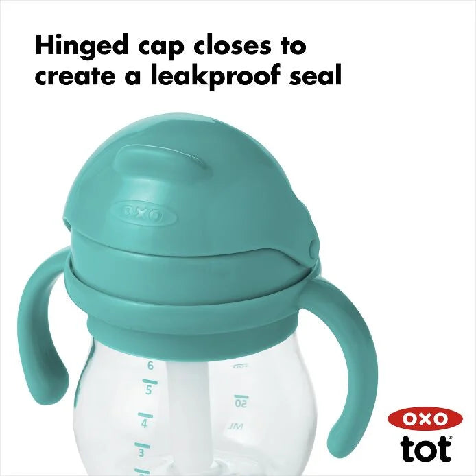 Oxo Tot Transitions sippy cup with removable teal handles, 6 oz capacity.
