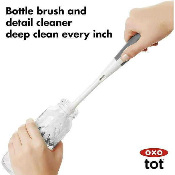 OXO Tot Travel Drying Rack and grey bottle brush