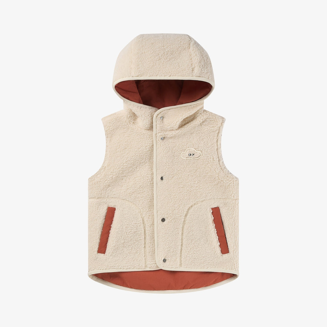 Nest Designs Redwood Burl Cozy Crumbs Reversible Fleece Vest cream side front view with rust hood lining and vertical pocket trim