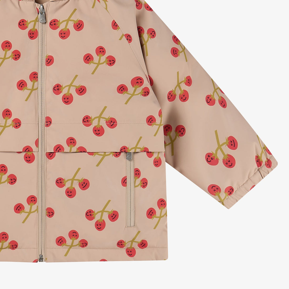 Nest Designs You're So Vine Waterproof Down Jacket shell detail with cherry print, zip front, flap pocket and gathered cuff