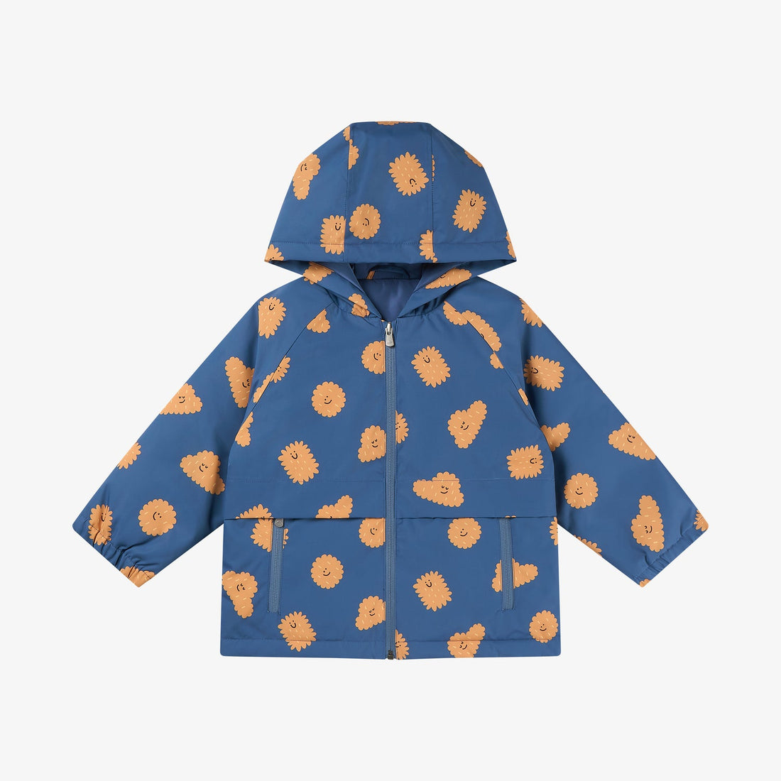 Nest Designs Biscuits & Vine Waterproof Down Jacket in Biscuit Banter, shell front view with hood, orange character print and flap pockets