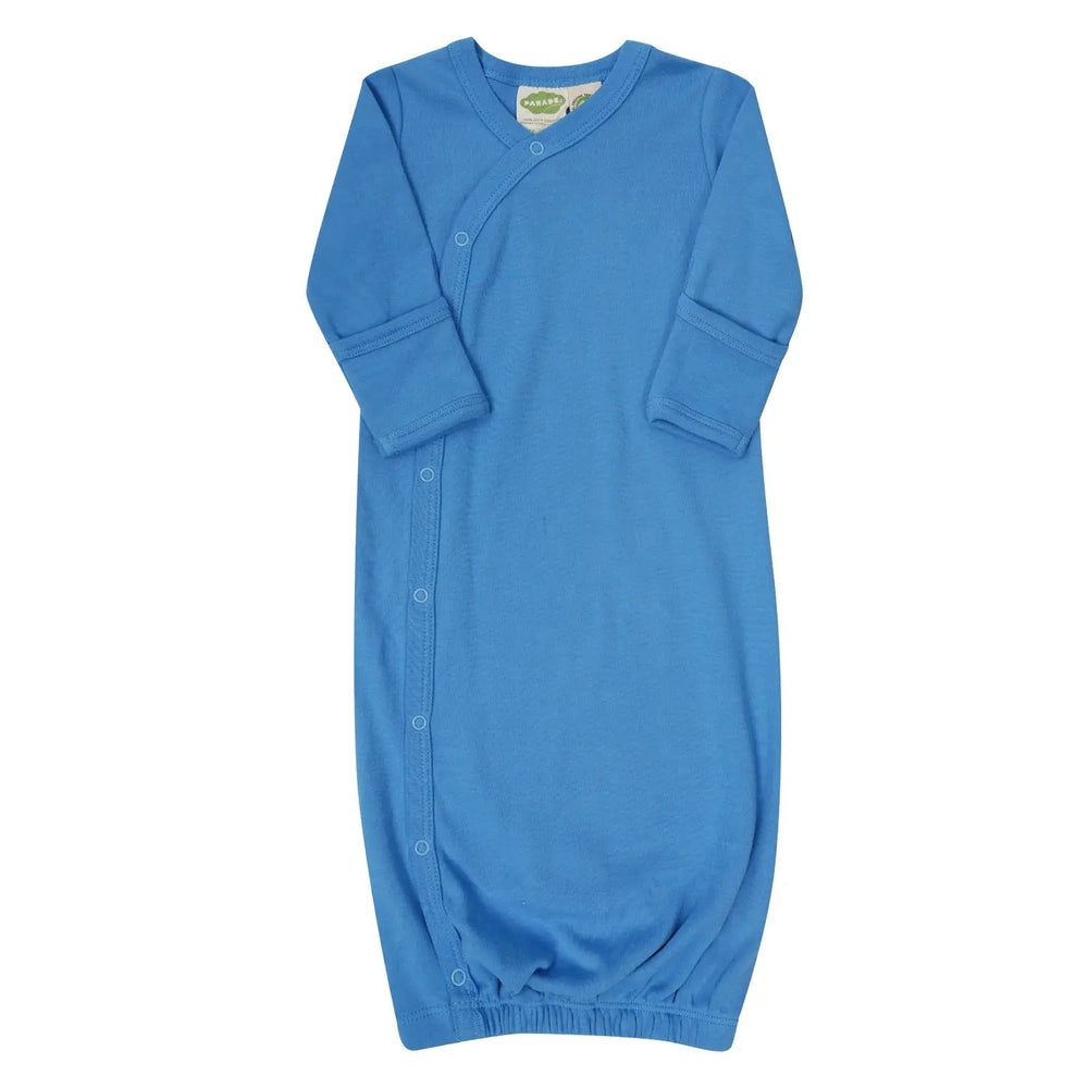 Parade Organic Gowns Essentials Gown in Blue with wrap-front snaps and long sleeves.