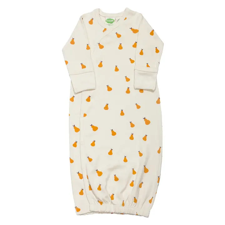 Parade Organic Gowns Signature Prints baby gown in cream with orange pear motifs, long sleeves, elastic bottom.