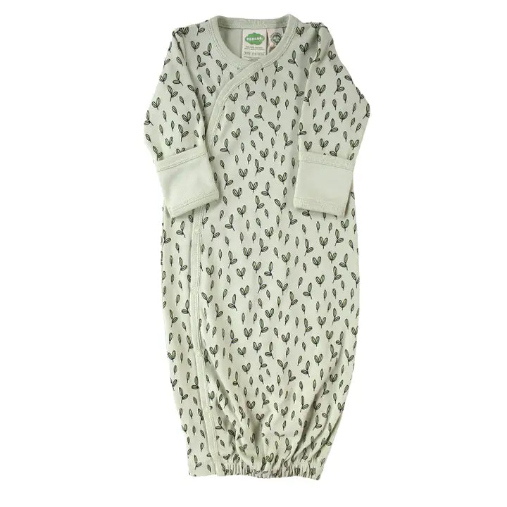 PARADE Parade Organic Gowns Signature Prints baby sleep gown in pale green leaf print, wrap-front design and elastic hem.