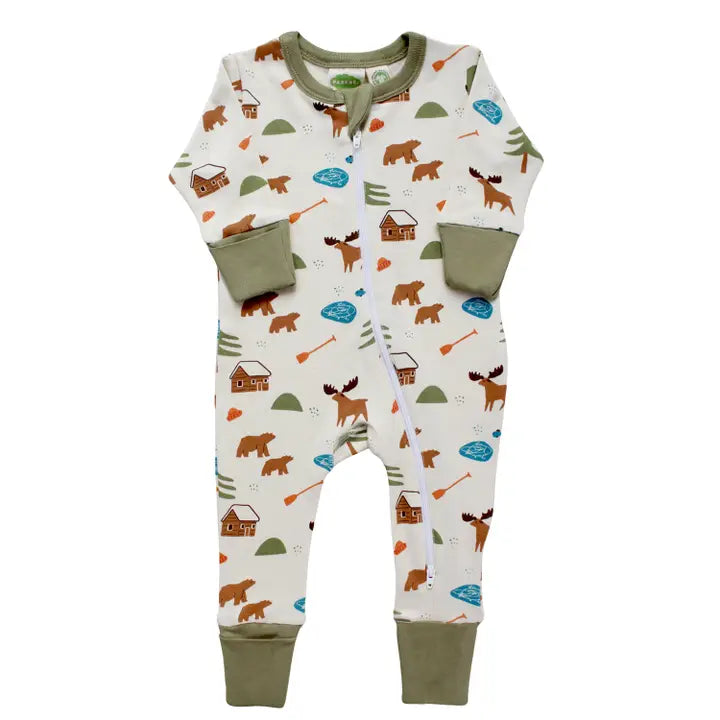 Parade Organic Signature 2-Way Zip Holiday Romper for babies, white woodland print with olive cuffs, laid flat.