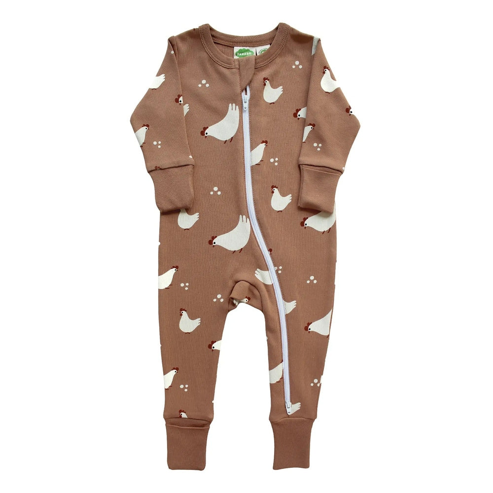 Parade Organic Signature Print 2-Way Zip Romper in Brown with white chicken print