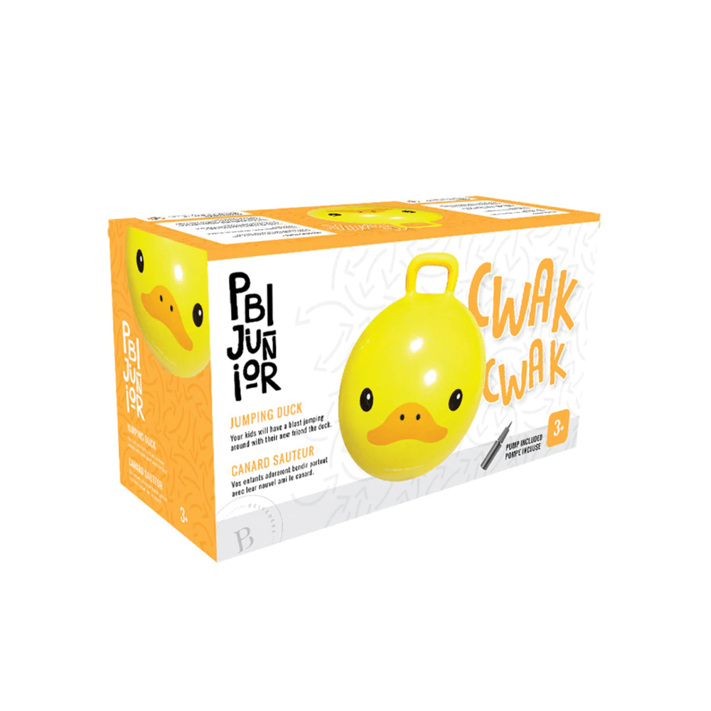 PBI Junior Jumping Toy Duck yellow ride-on with handle; pump included for toddlers