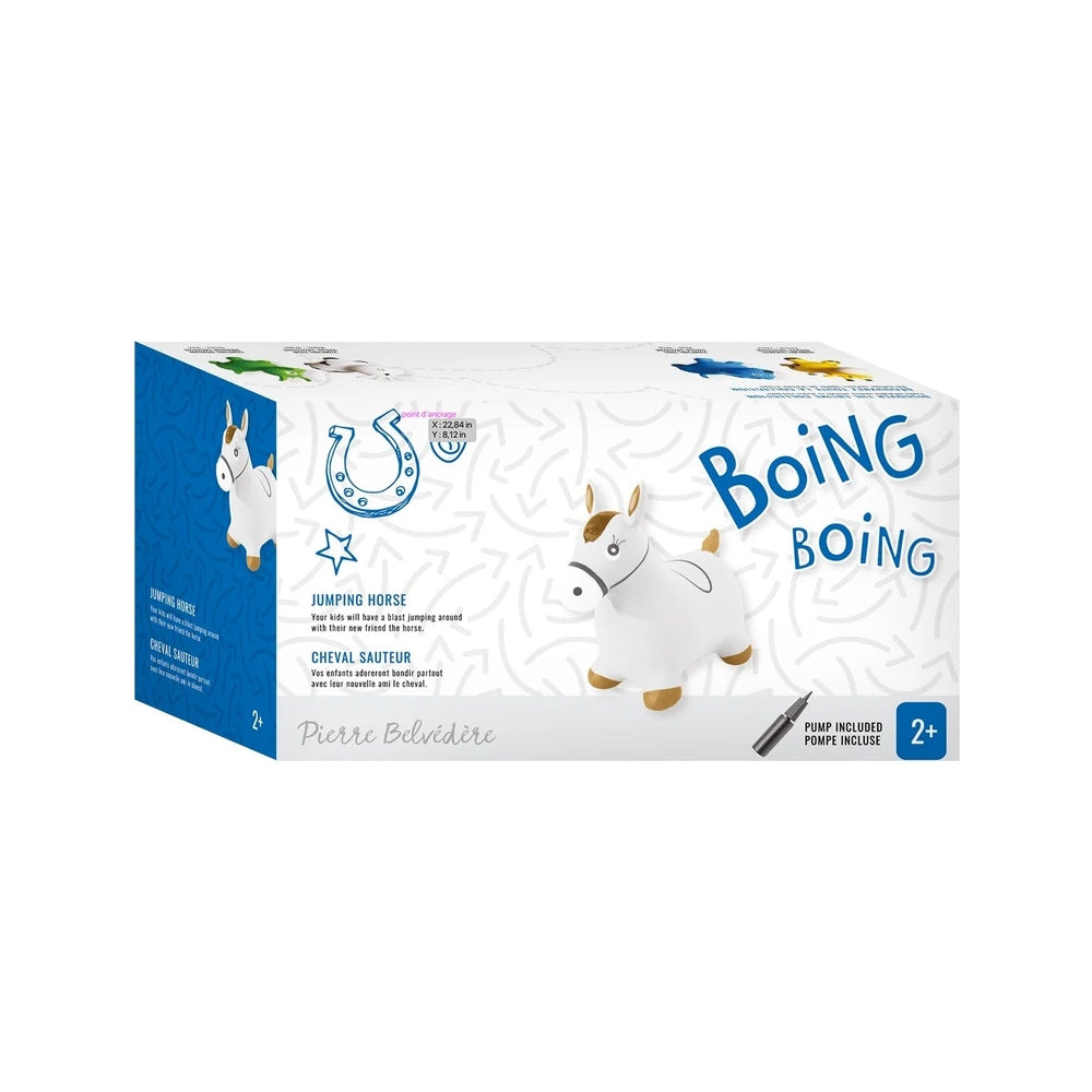 PBI Junior Jumping Toy Horse box showing a white jumping horse with brown mane and blue Boing Boing branding for ages 2+