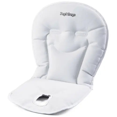 Peg Perego Booster Cushion, white padded booster with back support, ready for chair use.