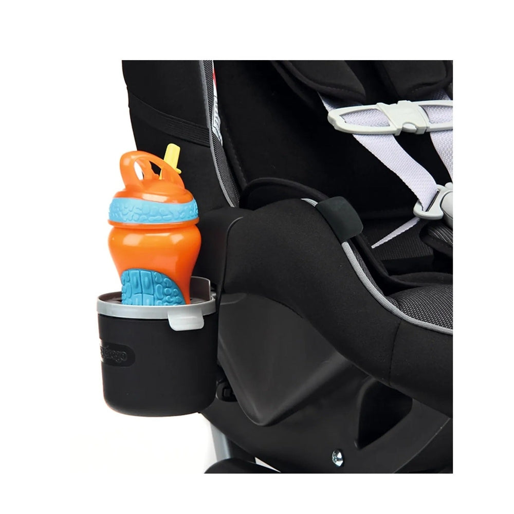 Peg Perego Car Seat Cup Holder - Single Pack, black, mounted on stroller with bright orange sippy cup secured.