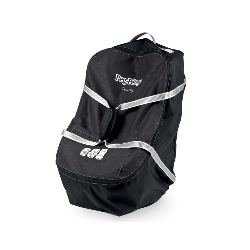 Peg Perego Car Seat Travel Bag in black with white straps shown upright, protecting car seat during travel.