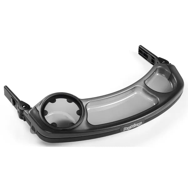 Peg Perego Child's Tray Booklet/Book Cross stroller tray with cup holder and curved gray surface.