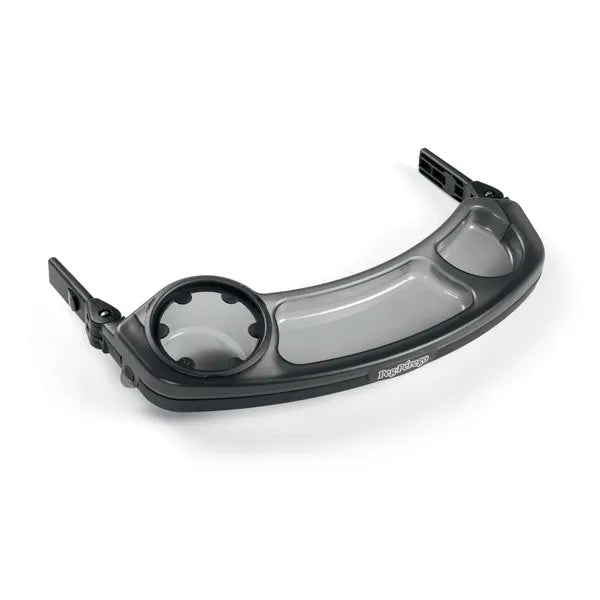 Peg Perego Child's Tray for Pop Up Seats, grey curved tray with cup holder, shown with mounting clamps for attachment.