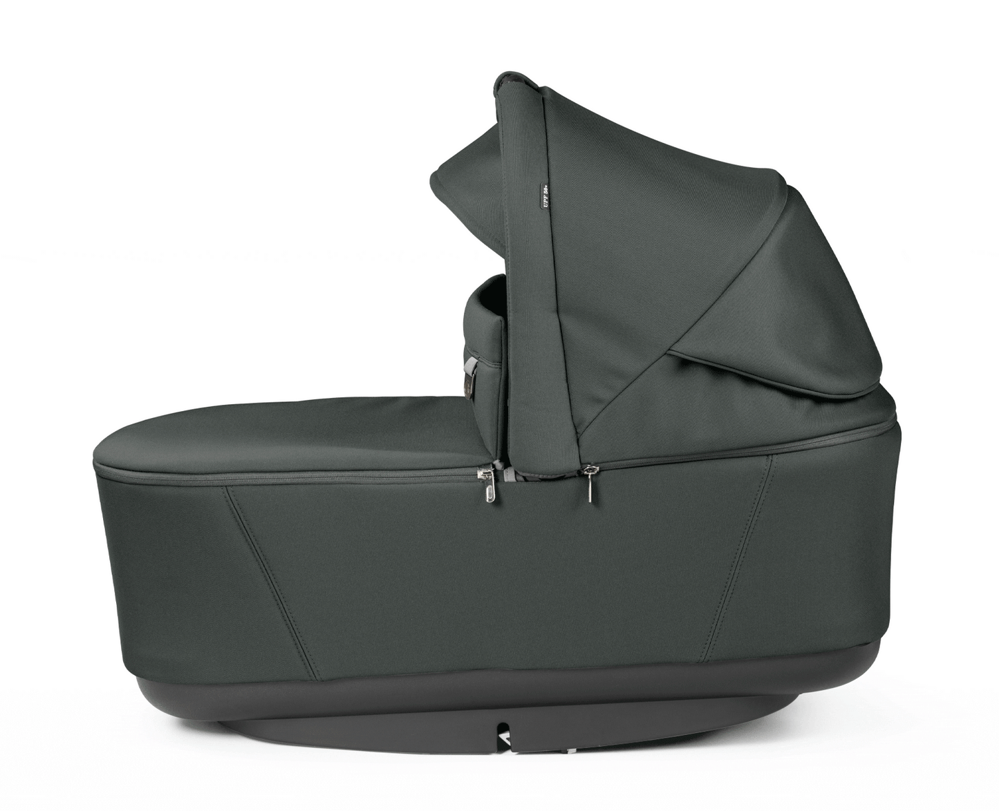Peg Perego City Loop Stroller Bassinet with Stand in dark green, cradle securely attached to sturdy base.