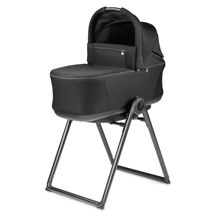 Peg Perego City Loop Stroller Bassinet with Stand in black, bassinet mounted on a metal frame with carry handle.