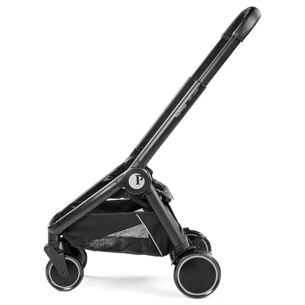 Peg Perego City Loop Stroller Chassis in black, showing its foldable frame and under-seat storage basket