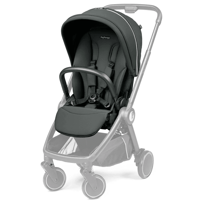 Peg Perego City Loop Stroller Seat in black, mounted on a silver frame with canopy and 5-point harness.