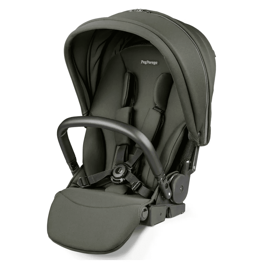 Peg Perego City Loop Stroller Seat in olive green with padded 5-point harness and curved bumper bar.