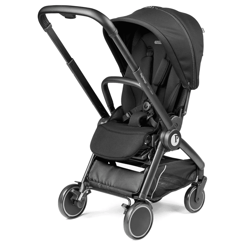 Peg Perego City Loop Stroller Seat in black; adjustable handlebar, padded seat, canopy, and under-seat basket.