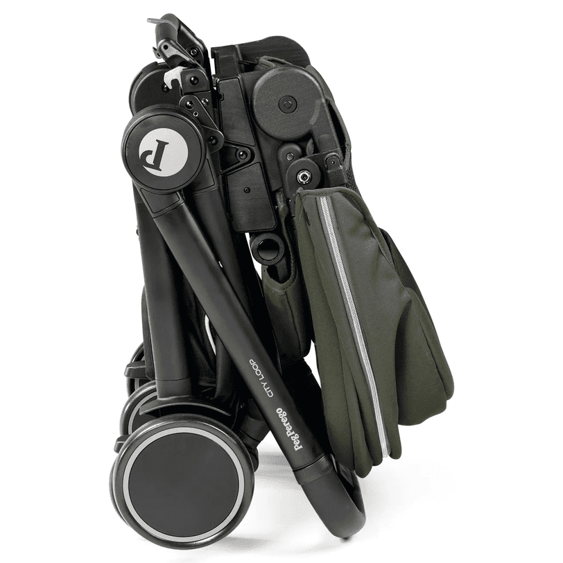 Peg Perego City Loop Stroller Seat folded compactly, dark frame with green carry bag attached.