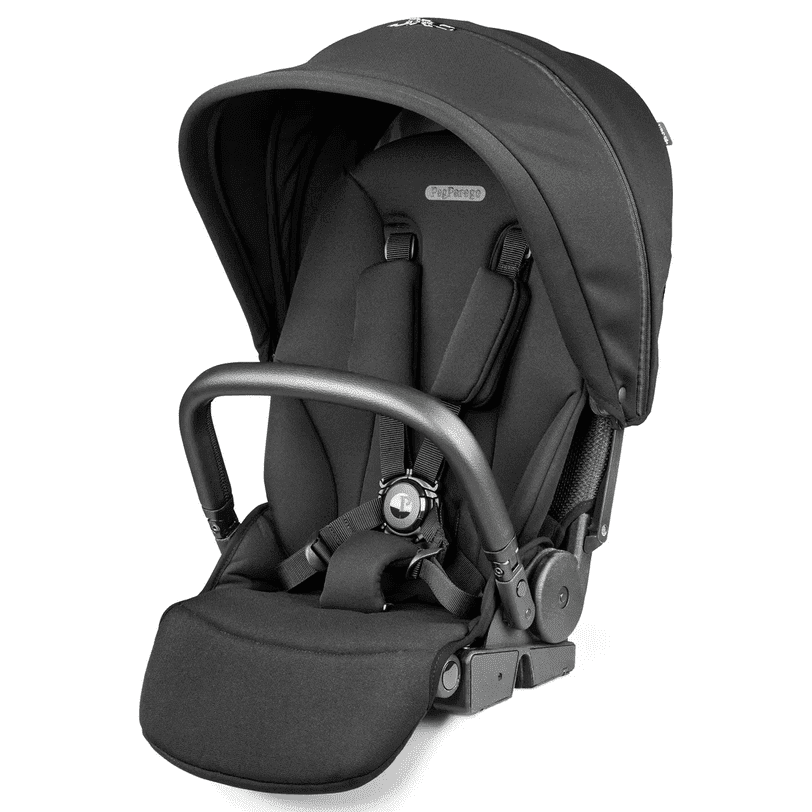 Peg Perego City Loop Stroller Seat in black with padded 5-point harness and front safety bar, ready for use.