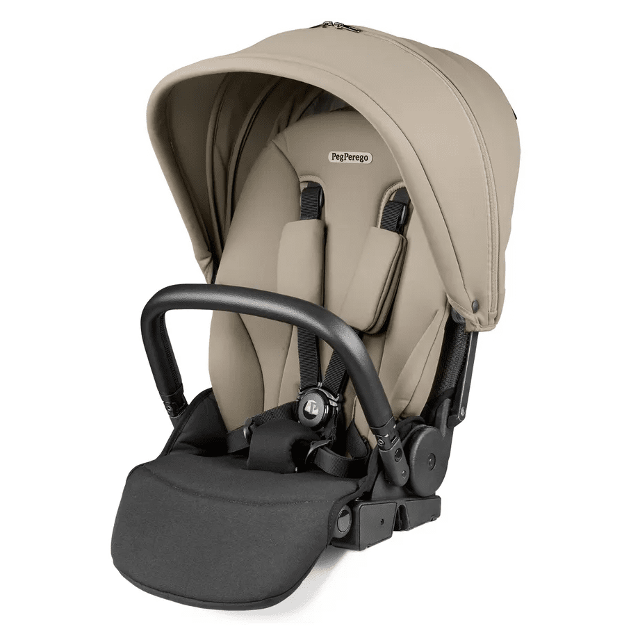 Peg Perego City Loop Stroller Seat in beige with canopy; harness buckled on black frame.
