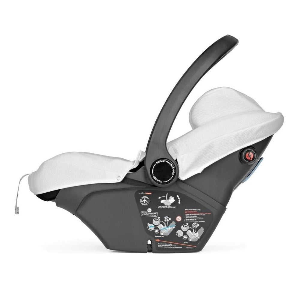 Peg Perego Clima Cover Primo Viaggio-Lounge infant car seat with white fabric canopy, gray base, and recline dial visible