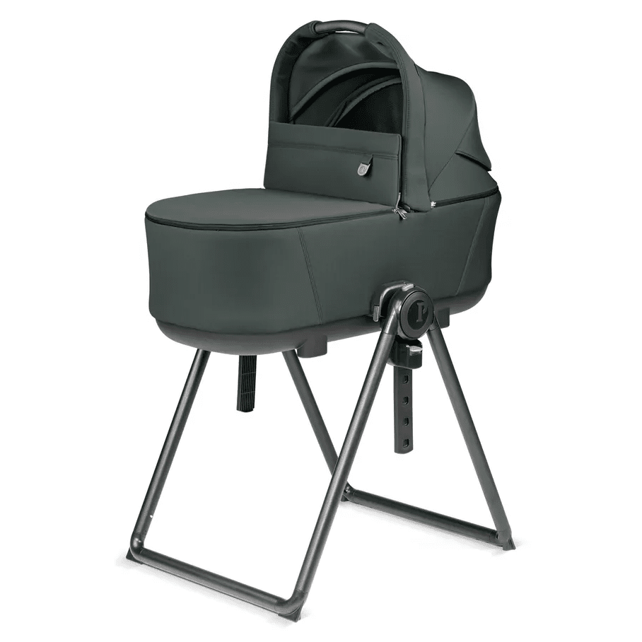 Peg Perego Culla Flex Bassinet w/stand in dark green, mounted on height-adjustable sturdy legs.