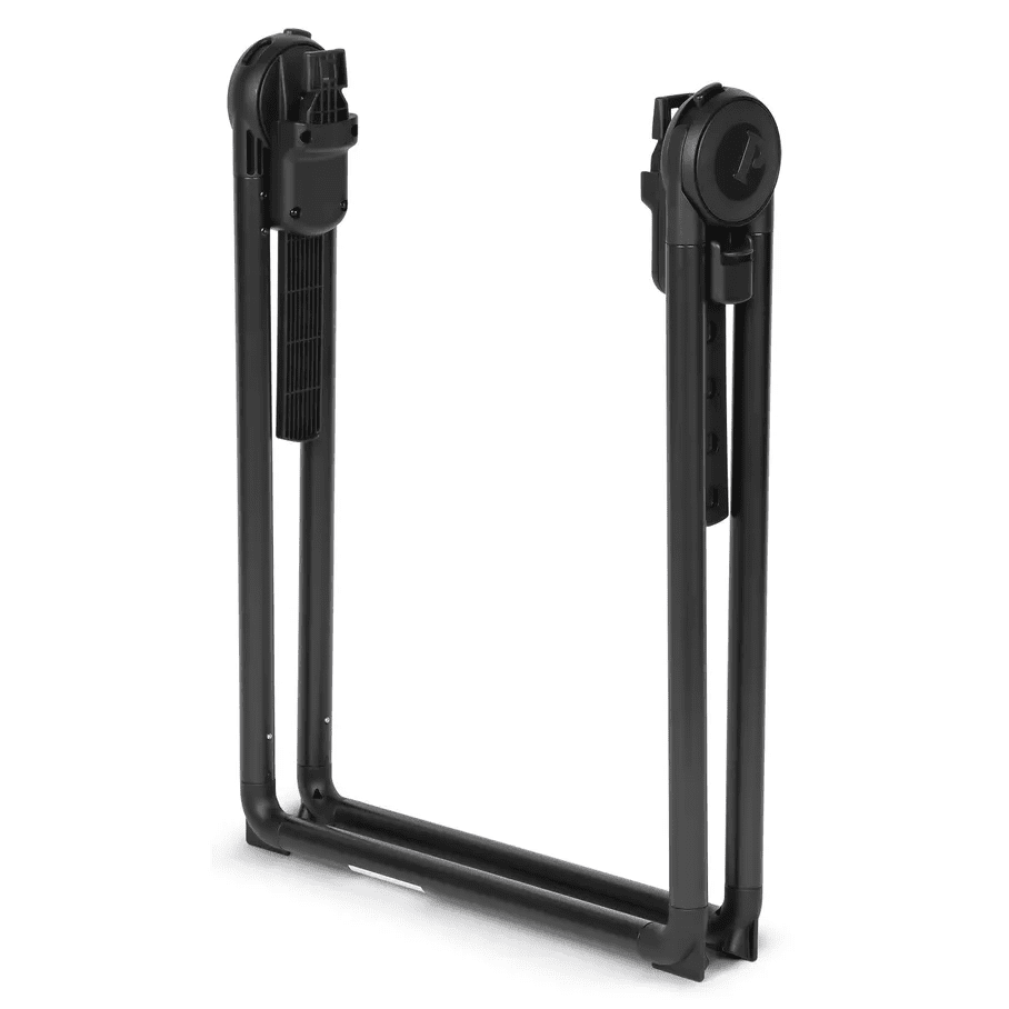 Peg Perego Culla Flex Bassinet with stand, black metal frame shown folded for compact storage.