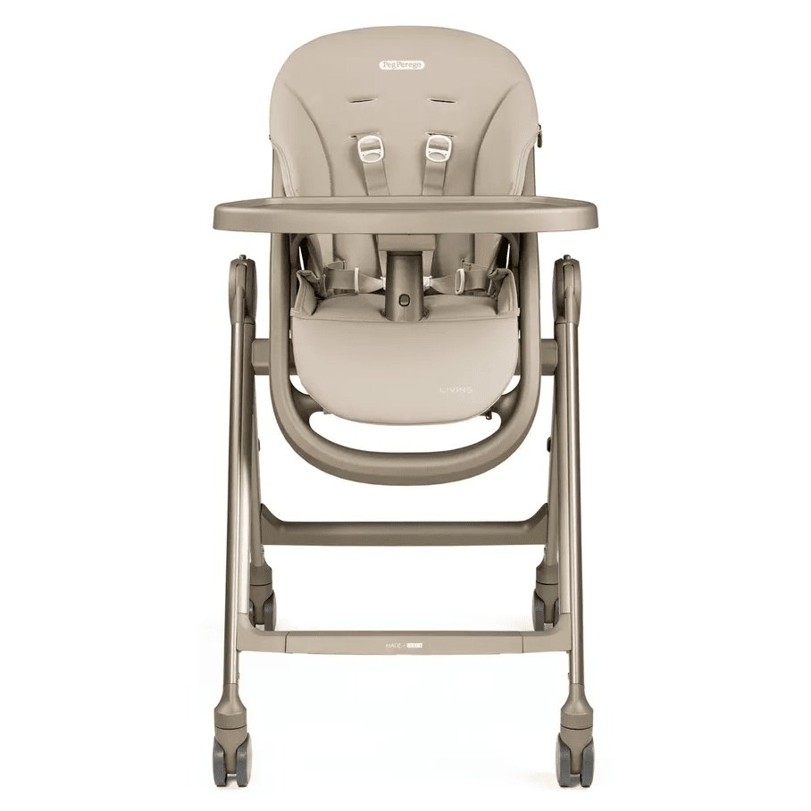 Peg Perego Living High Chair in beige with adjustable tray and 5-point harness on a wheeled frame.
