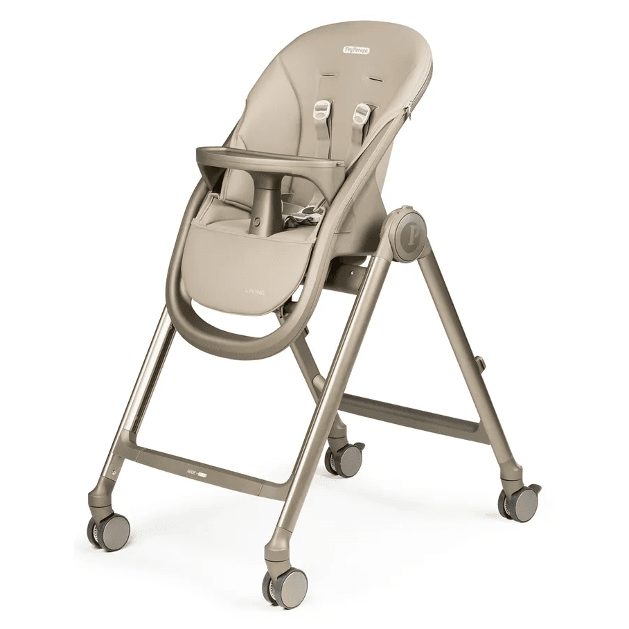 Peg Perego Living High Chair in beige, wheeled frame with detachable tray and safety harness.