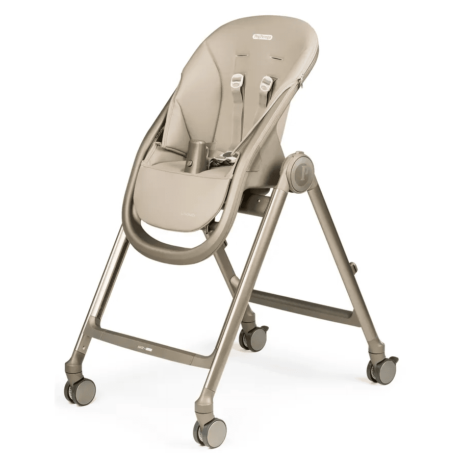 Peg Perego Living High Chair in beige, sturdy wheeled frame with safety harness for secure seating.