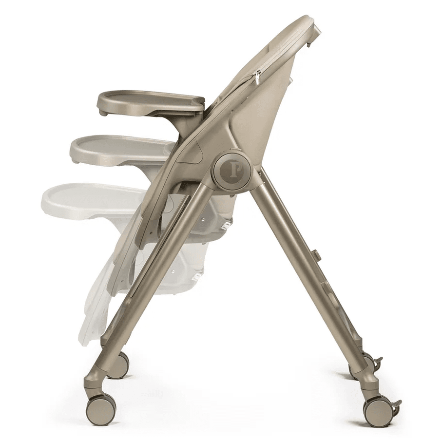 Peg Perego Living High Chair in beige, shown in compact fold with a metal frame and swiveling wheels.