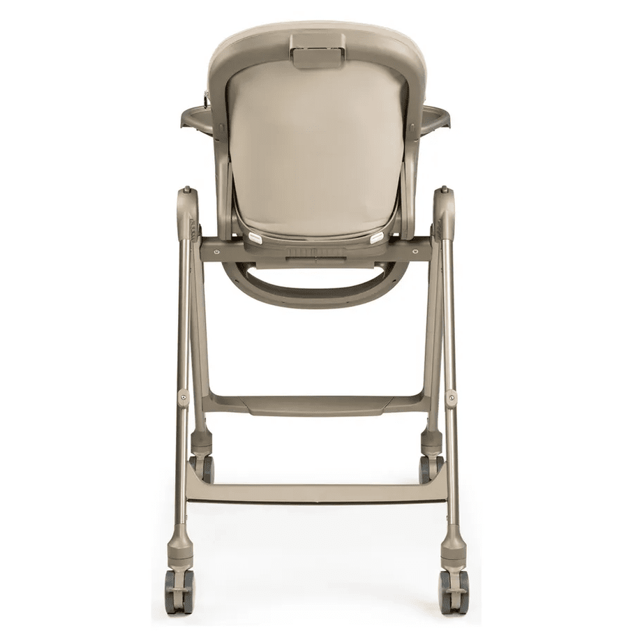 Peg Perego Living High Chair in beige, compact foldable frame with wheels shown ready to roll.